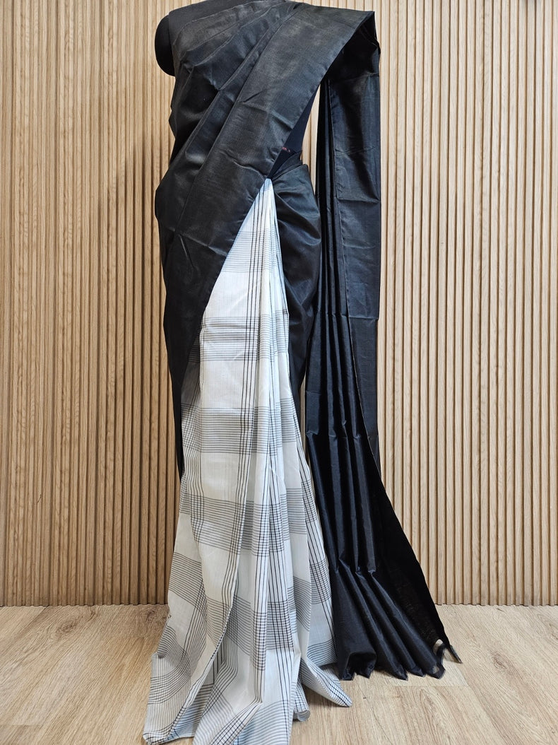 Black & White Handloom Pure Bishnupuri Katan Silk Saree with Half & Half Pattern Balaram Saha