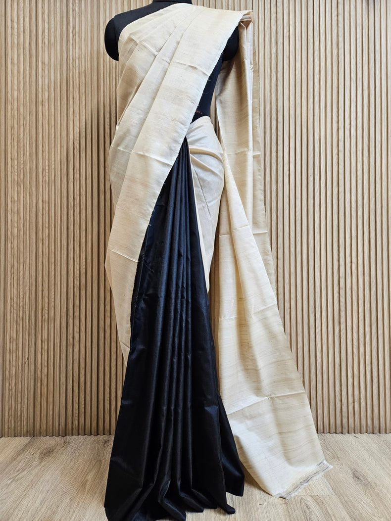 Black & Beige Handloom Pure Bishnupuri Katan Tussar  Silk Saree with Half & Half Pattern Balaram Saha