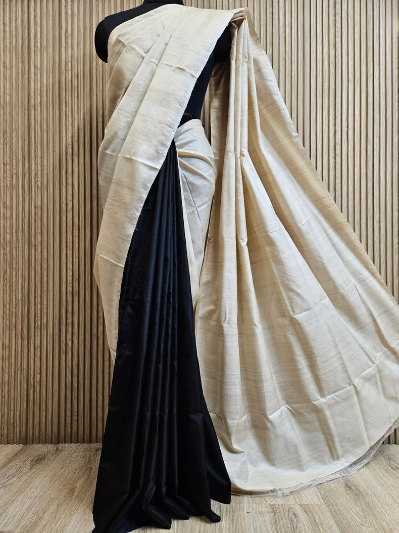 Black & Beige Handloom Pure Bishnupuri Katan Tussar  Silk Saree with Half & Half Pattern Balaram Saha