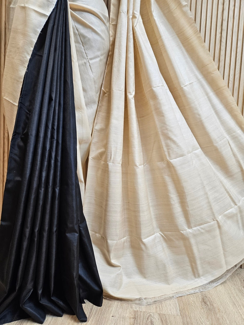 Black & Beige Handloom Pure Bishnupuri Katan Tussar  Silk Saree with Half & Half Pattern Balaram Saha