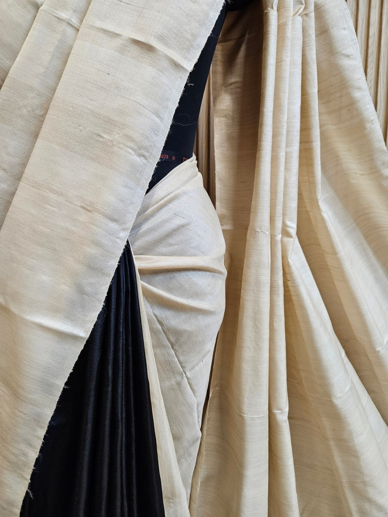 Black & Beige Handloom Pure Bishnupuri Katan Tussar  Silk Saree with Half & Half Pattern Balaram Saha