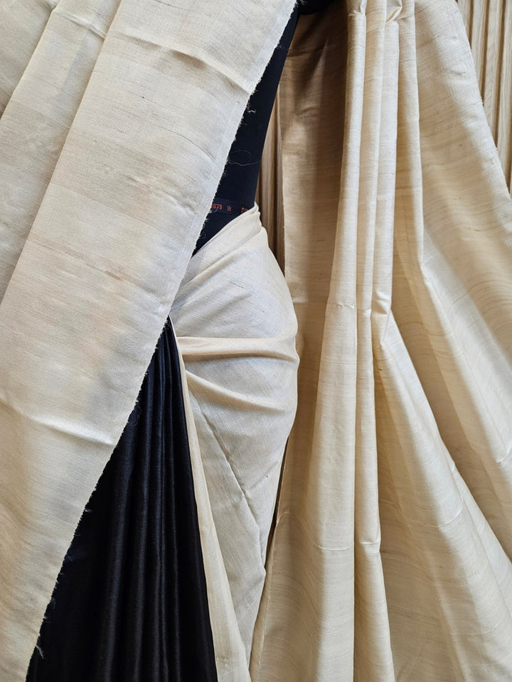 Black & Beige Handloom Pure Bishnupuri Katan Tussar  Silk Saree with Half & Half Pattern Balaram Saha