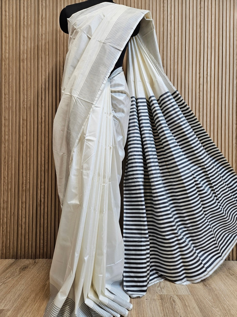 White & Grey Handloom Bishnupuri Katan Silk Saree with Grey Stripes Border & Woven Aanchal Balaram Saha