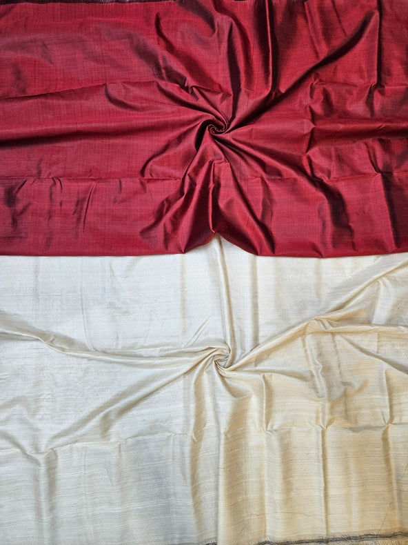 Maroon & Beige Handloom Pure Bishnupuri Katan Silk Saree with Half & Half Pattern Balaram Saha