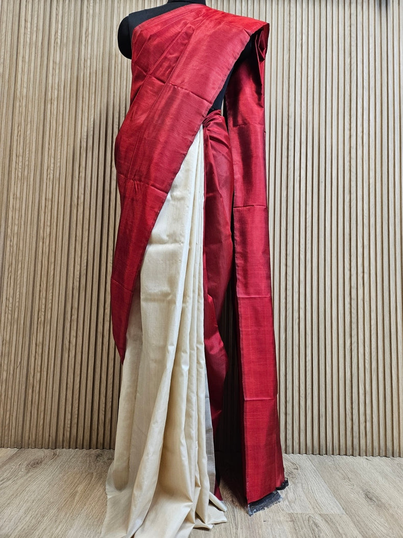 Maroon & Beige Handloom Pure Bishnupuri Katan Silk Saree with Half & Half Pattern Balaram Saha