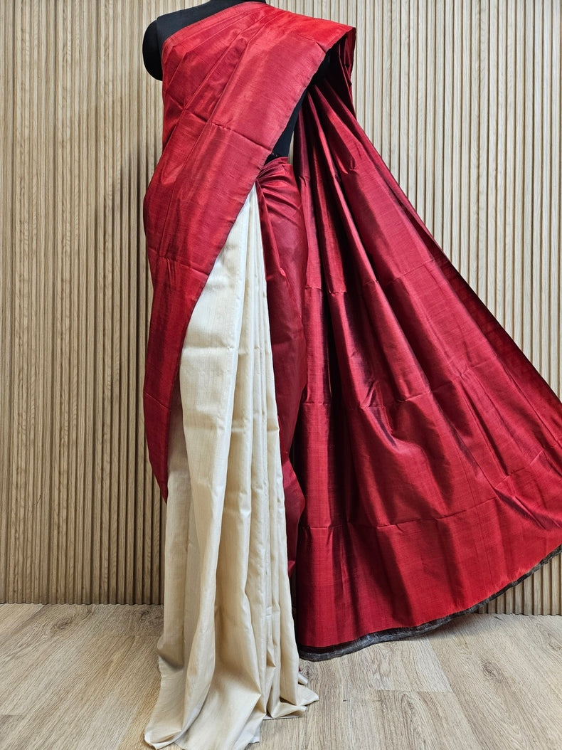 Maroon & Beige Handloom Pure Bishnupuri Katan Silk Saree with Half & Half Pattern Balaram Saha