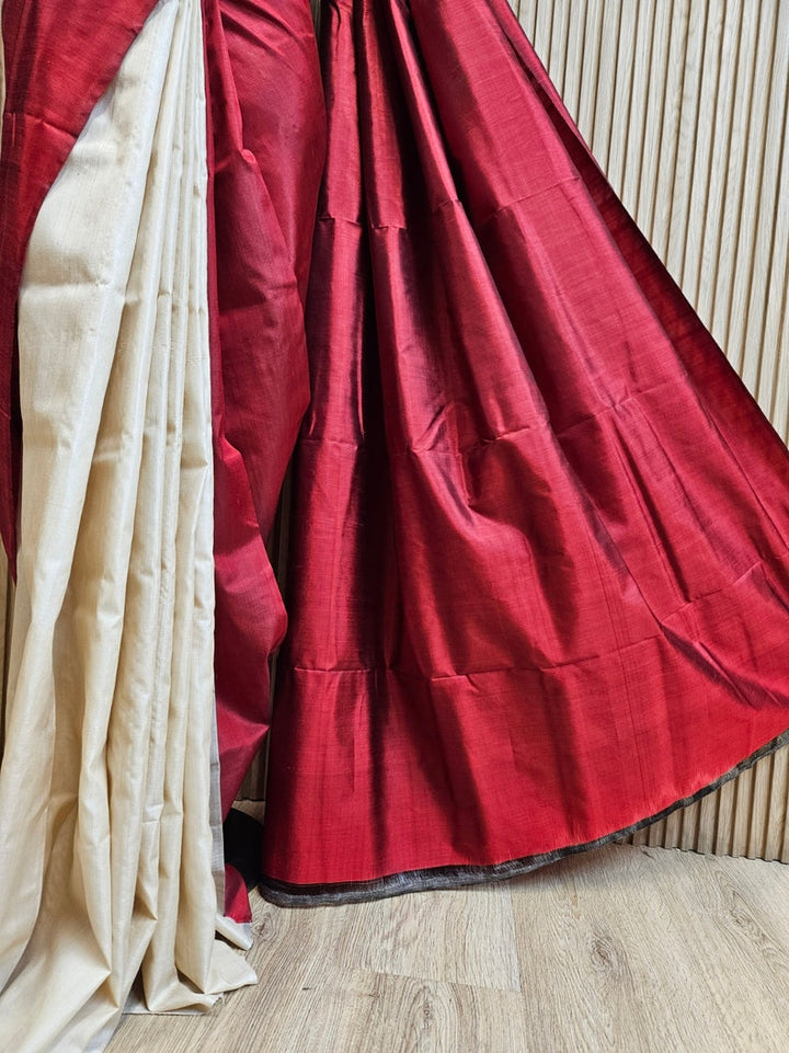 Maroon & Beige Handloom Pure Bishnupuri Katan Silk Saree with Half & Half Pattern Balaram Saha