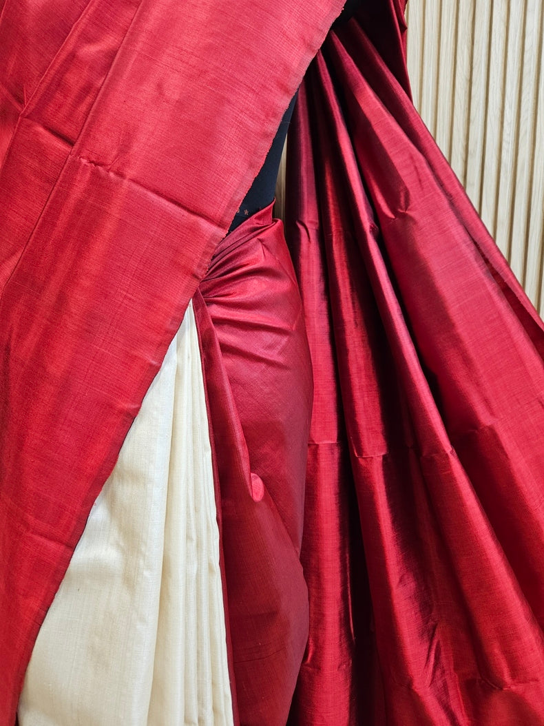 Maroon & Beige Handloom Pure Bishnupuri Katan Silk Saree with Half & Half Pattern Balaram Saha