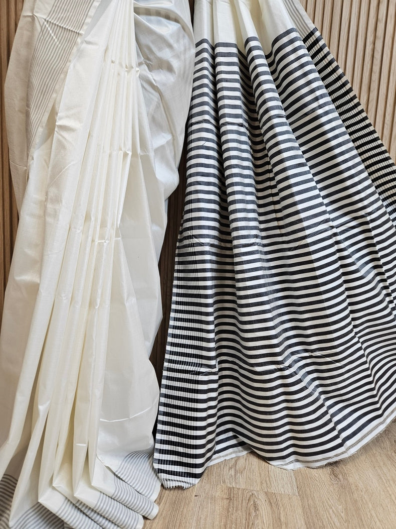 White & Grey Handloom Bishnupuri Katan Silk Saree with Grey Stripes Border & Woven Aanchal Balaram Saha