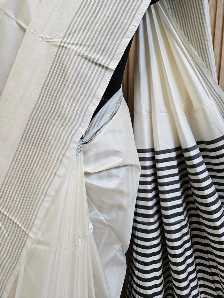 White & Grey Handloom Bishnupuri Katan Silk Saree with Grey Stripes Border & Woven Aanchal Balaram Saha