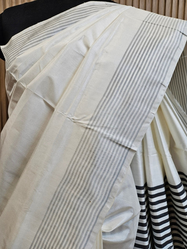 White & Grey Handloom Bishnupuri Katan Silk Saree with Grey Stripes Border & Woven Aanchal Balaram Saha