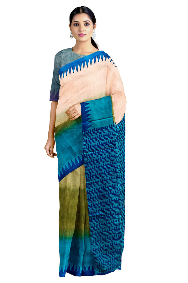 Blue & Beige Best Quality Handloom Tussar Silk Block Print Saree Balaram Saha