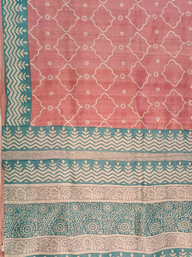 ( Peach ) Best Quality Handloom Tussar Silk Block Print Saree Balaram Saha