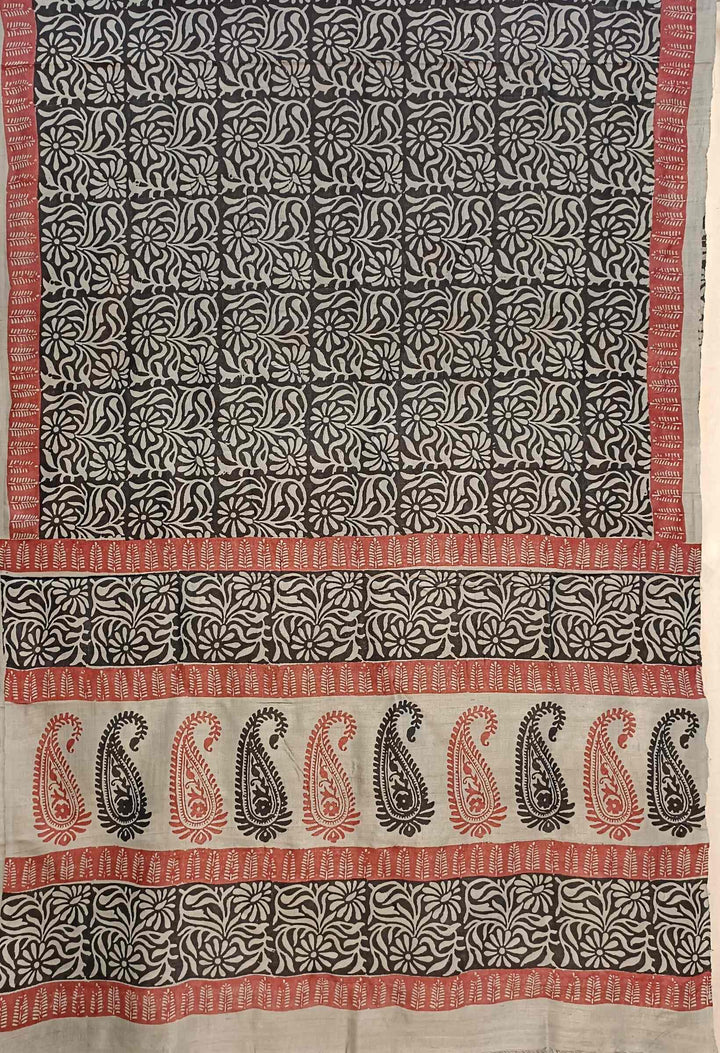 Black & Beige Best Quality Handloom Tussar Silk Block Print Saree Balaram Saha