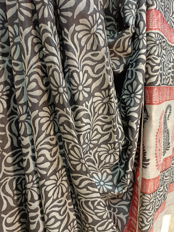 Black & Beige Best Quality Handloom Tussar Silk Block Print Saree Balaram Saha