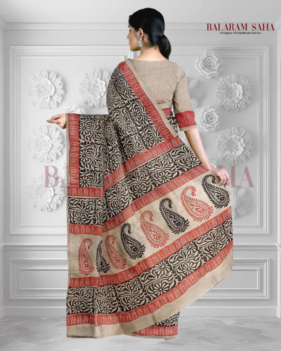Black & Beige Best Quality Handloom Tussar Silk Block Print Saree Balaram Saha