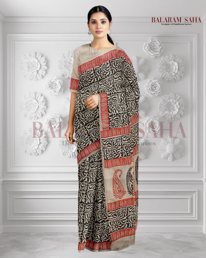 Black & Beige Best Quality Handloom Tussar Silk Block Print Saree Balaram Saha