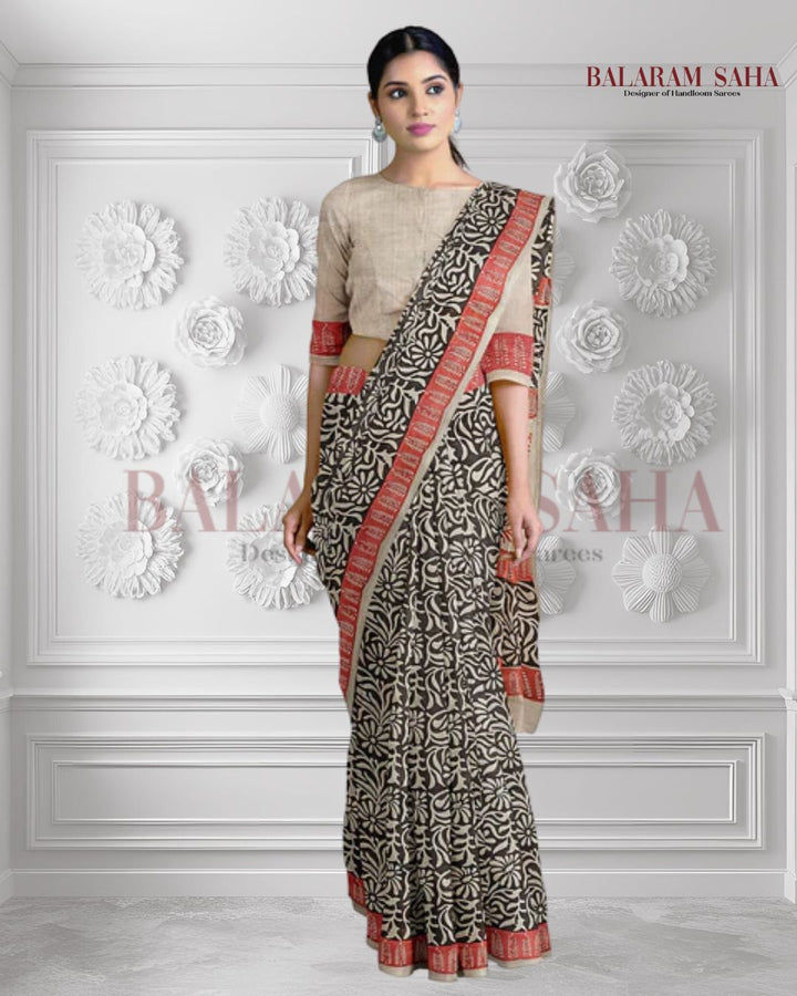 Black & Beige Best Quality Handloom Tussar Silk Block Print Saree Balaram Saha