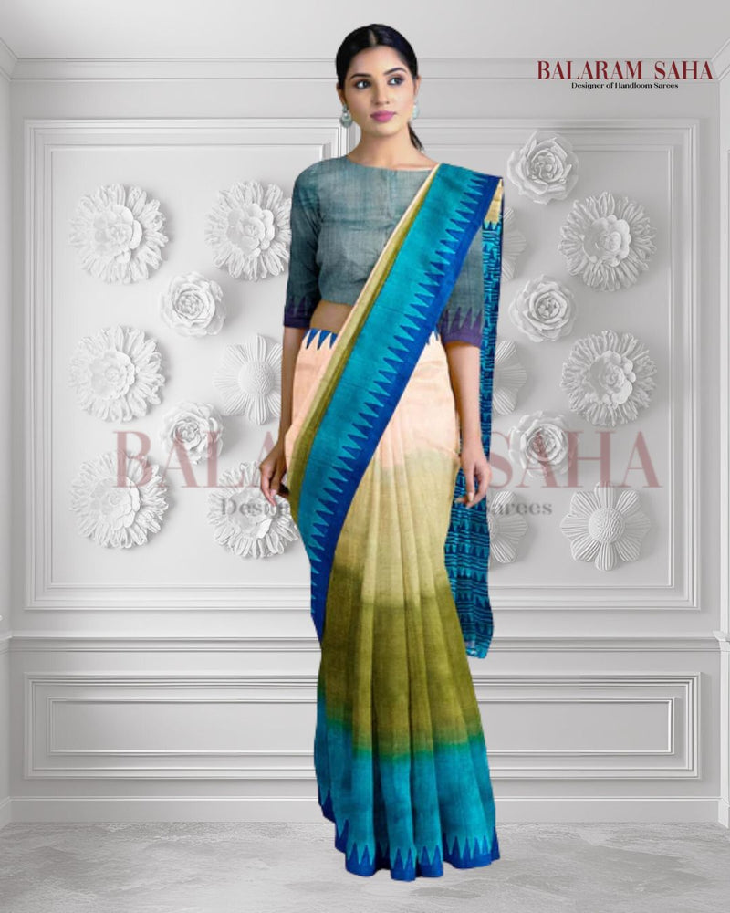 Blue & Beige Best Quality Handloom Tussar Silk Block Print Saree Balaram Saha