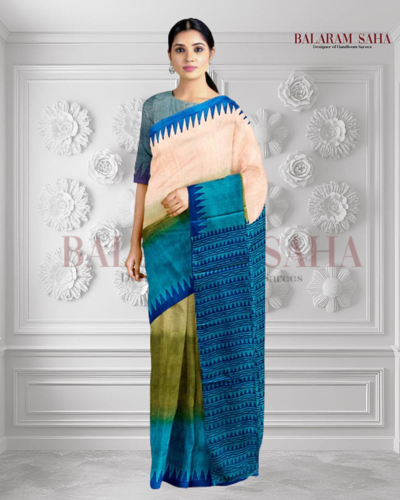 Blue & Beige Best Quality Handloom Tussar Silk Block Print Saree Balaram Saha