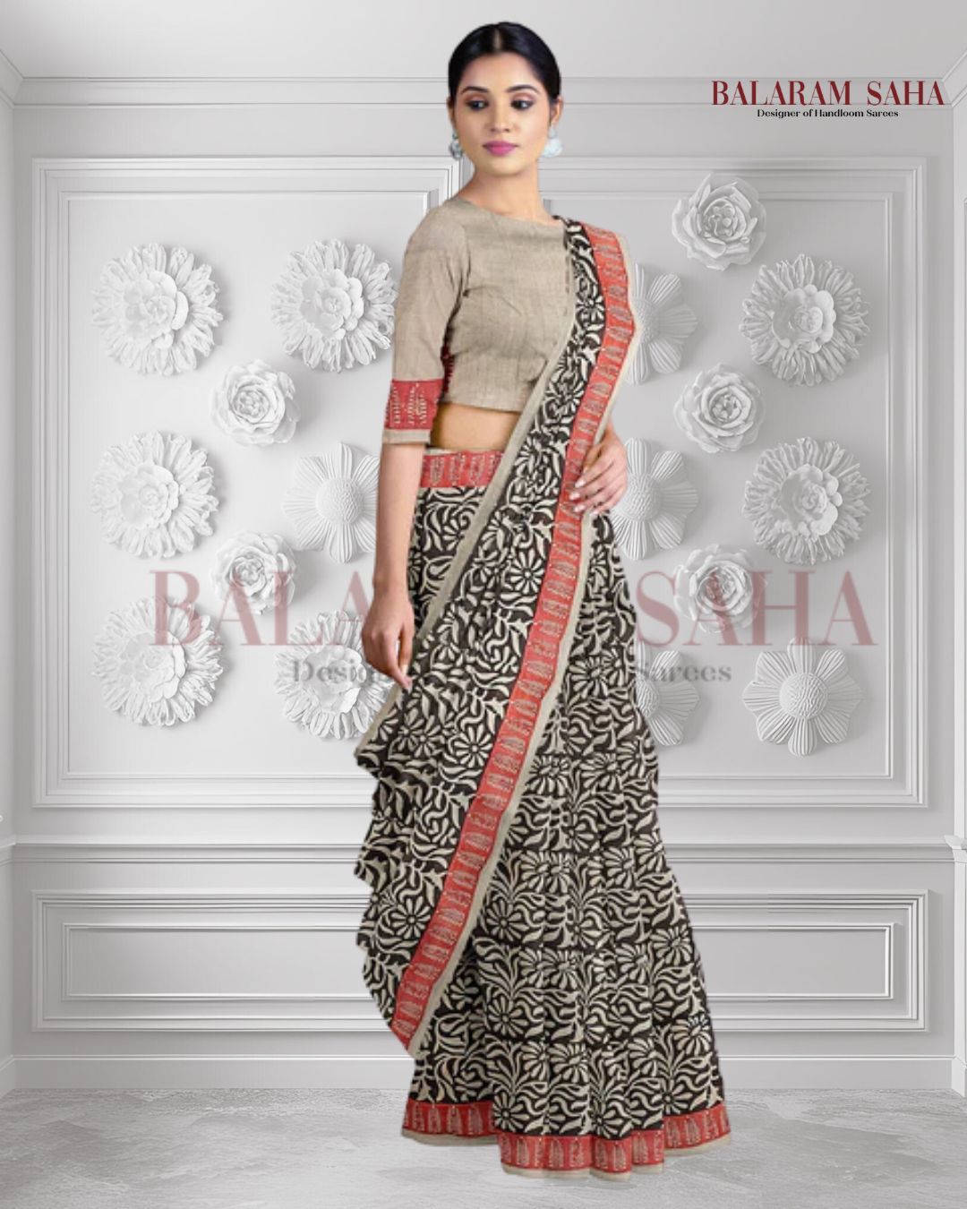 Black & Beige Best Quality Handloom Tussar Silk Block Print Saree Balaram Saha