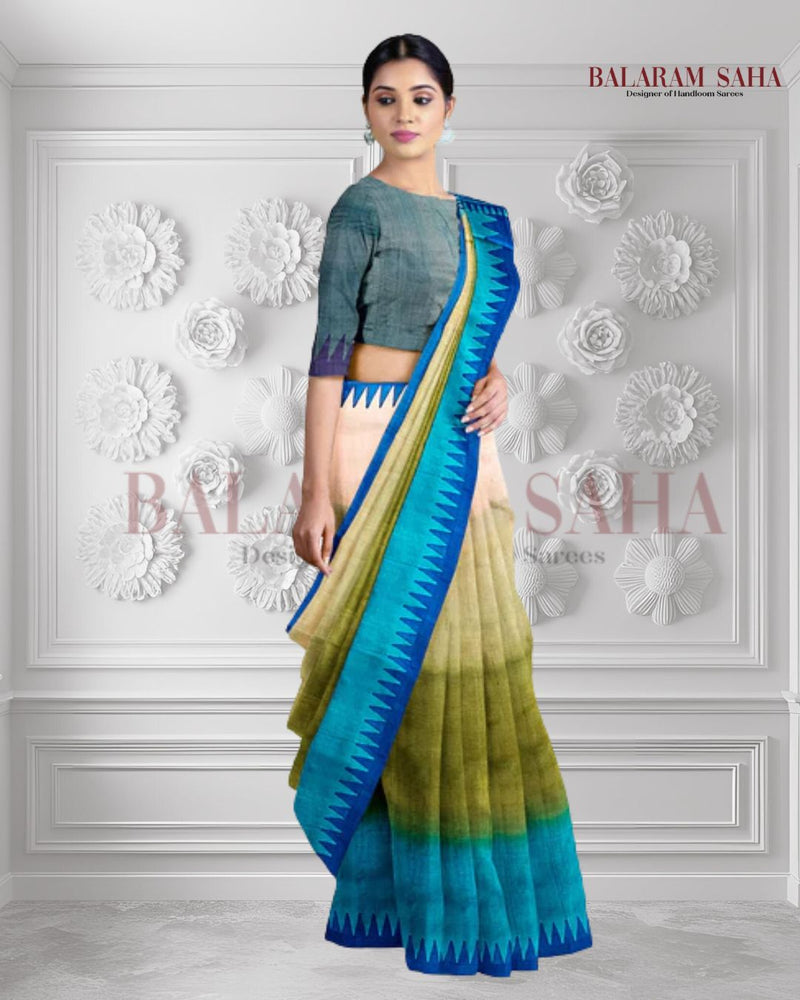 Blue & Beige Best Quality Handloom Tussar Silk Block Print Saree Balaram Saha