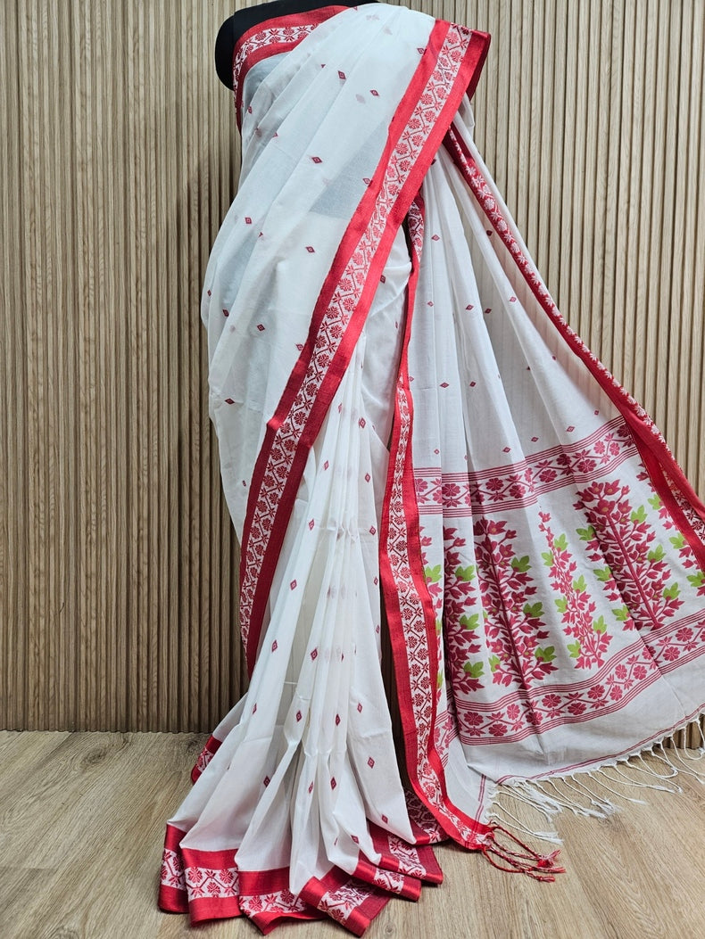 Soft Cotton Blend  White & Red Handloom Saree Balaram Saha