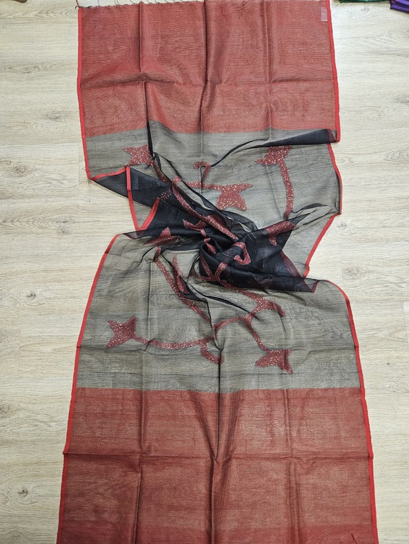 Black & Red Handloom Muslin Silk Jamdani Dupatta Balaram Saha