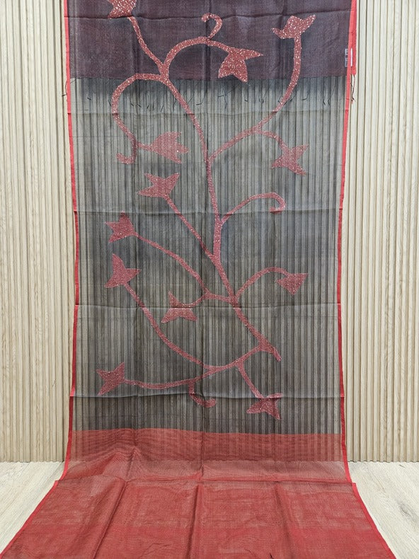 Black & Red Handloom Muslin Silk Jamdani Dupatta Balaram Saha