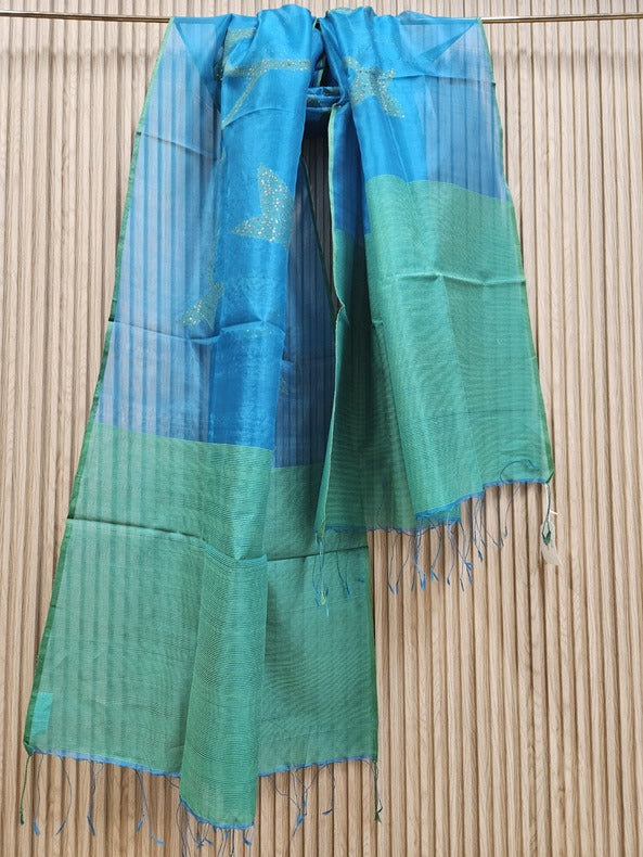 Blue & Green Handloom Muslin Silk Jamdani Dupatta Balaram Saha