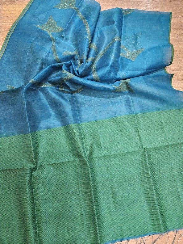 Blue & Green Handloom Muslin Silk Jamdani Dupatta Balaram Saha
