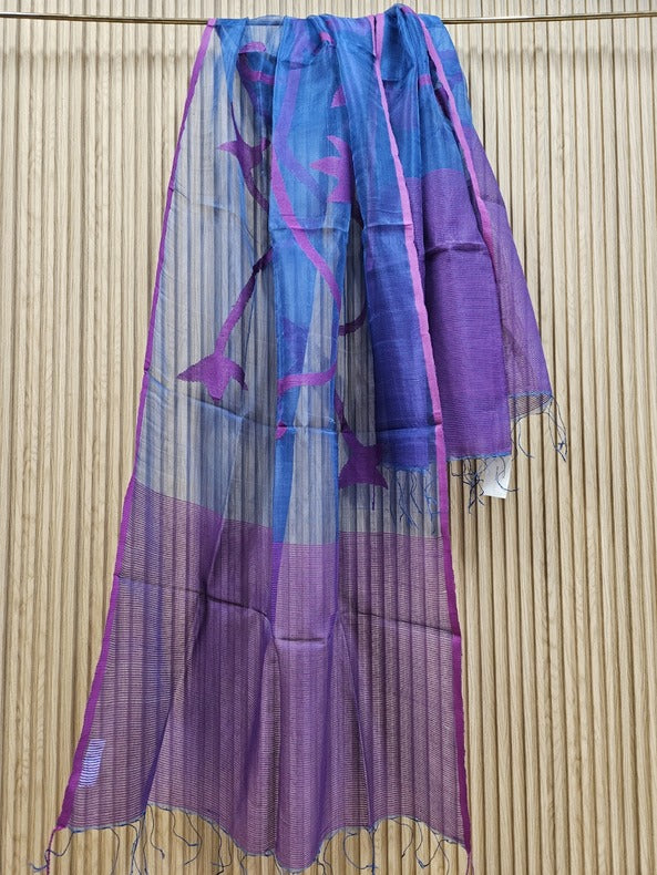 Blue & Purple Handloom Muslin Silk Jamdani Dupatta Balaram Saha