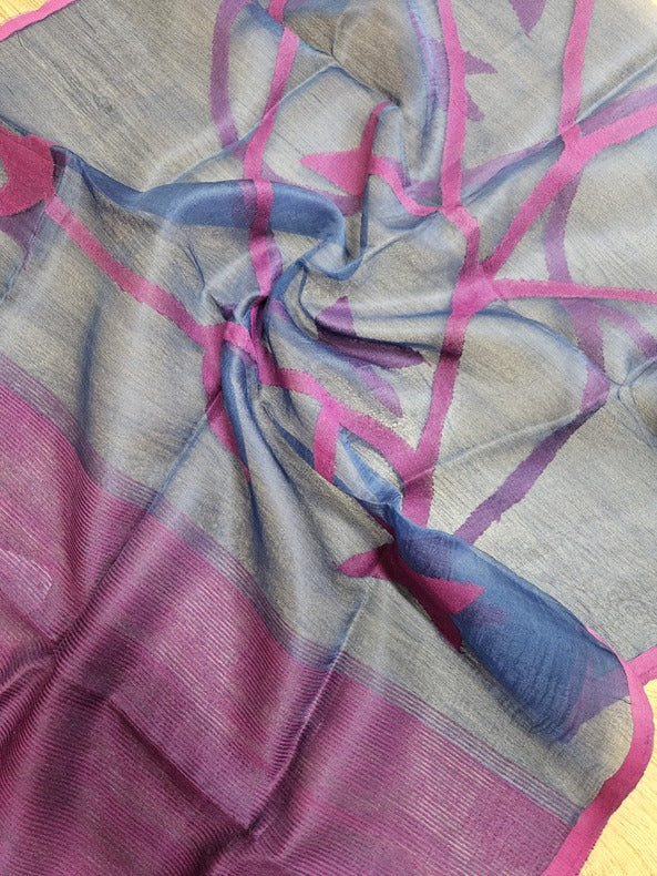 Blue & Purple Handloom Muslin Silk Jamdani Dupatta Balaram Saha