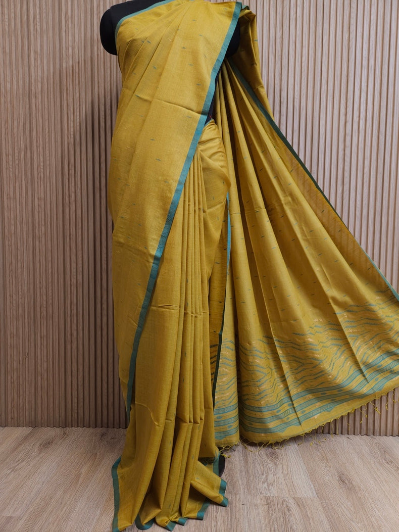 Mustard Green & Blue Handwoven Tussar Silk Jamdani Saree Balaram Saha