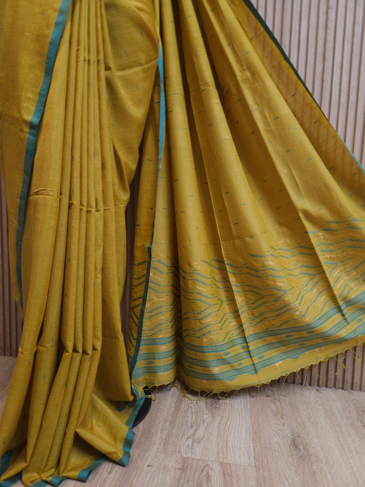 Mustard Green & Blue Handwoven Tussar Silk Jamdani Saree Balaram Saha