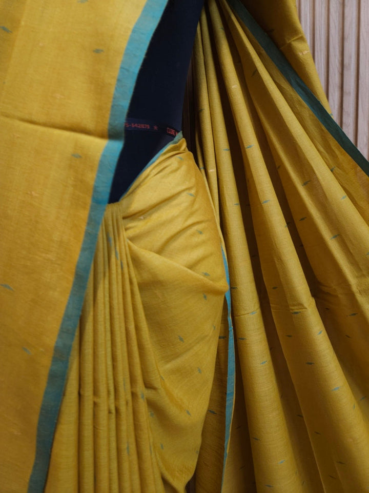 Mustard Green & Blue Handwoven Tussar Silk Jamdani Saree Balaram Saha