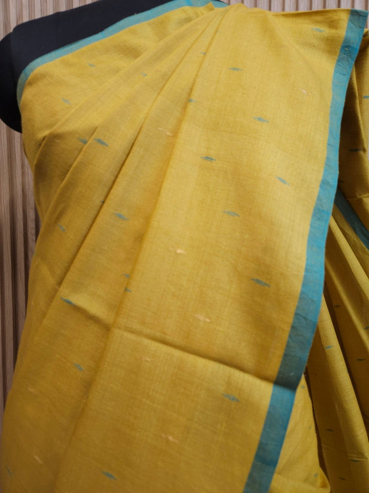 Mustard Green & Blue Handwoven Tussar Silk Jamdani Saree Balaram Saha