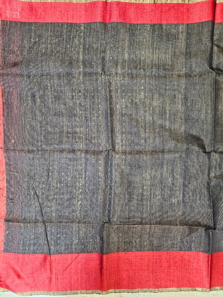 Black & Red Handwoven Muslin Silk Saree with Zari Stripes & Sequin Woven Aanchal Balaram Saha