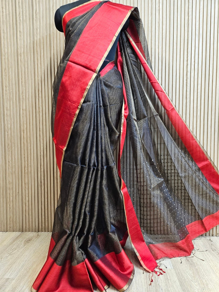 Black & Red Handwoven Muslin Silk Saree with Zari Stripes & Sequin Woven Aanchal Balaram Saha