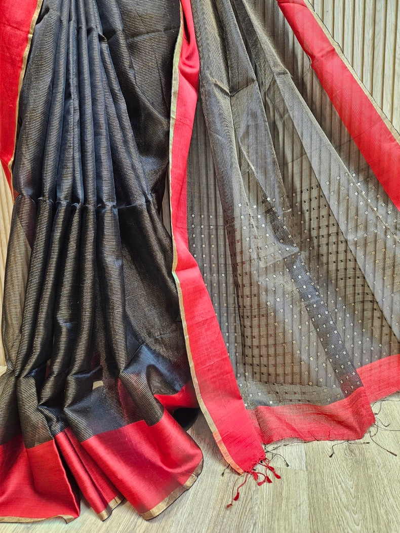 Black & Red Handwoven Muslin Silk Saree with Zari Stripes & Sequin Woven Aanchal Balaram Saha