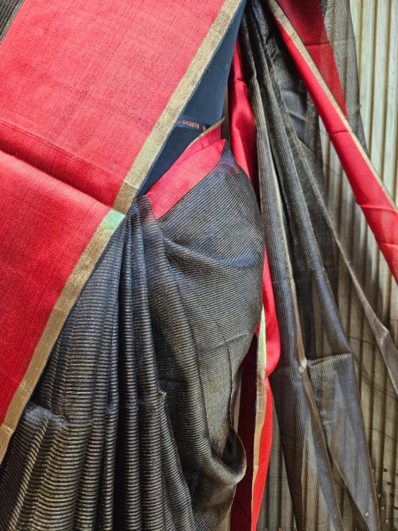 Black & Red Handwoven Muslin Silk Saree with Zari Stripes & Sequin Woven Aanchal Balaram Saha