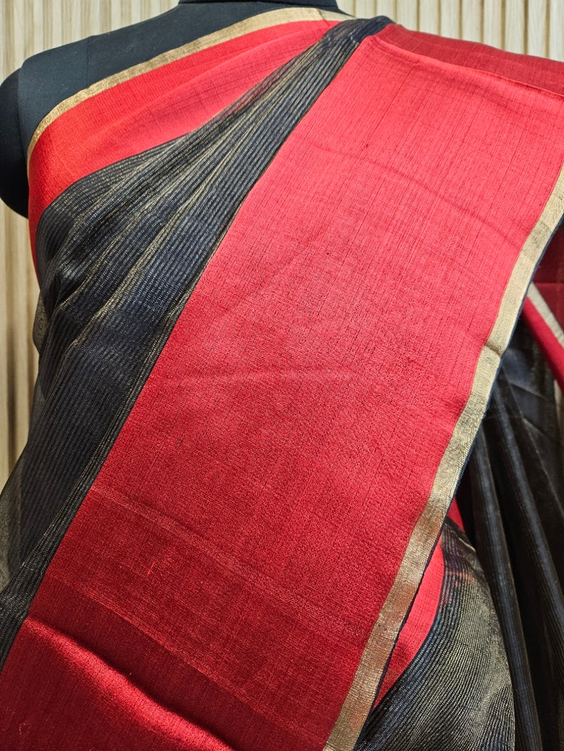 Black & Red Handwoven Muslin Silk Saree with Zari Stripes & Sequin Woven Aanchal Balaram Saha