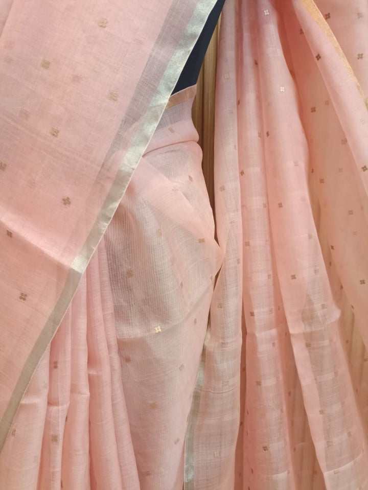 Peach Handloom Muslin Silk Saree with Silver &amp; Golden Zari Ganga Jamuna Border Balaram Saha