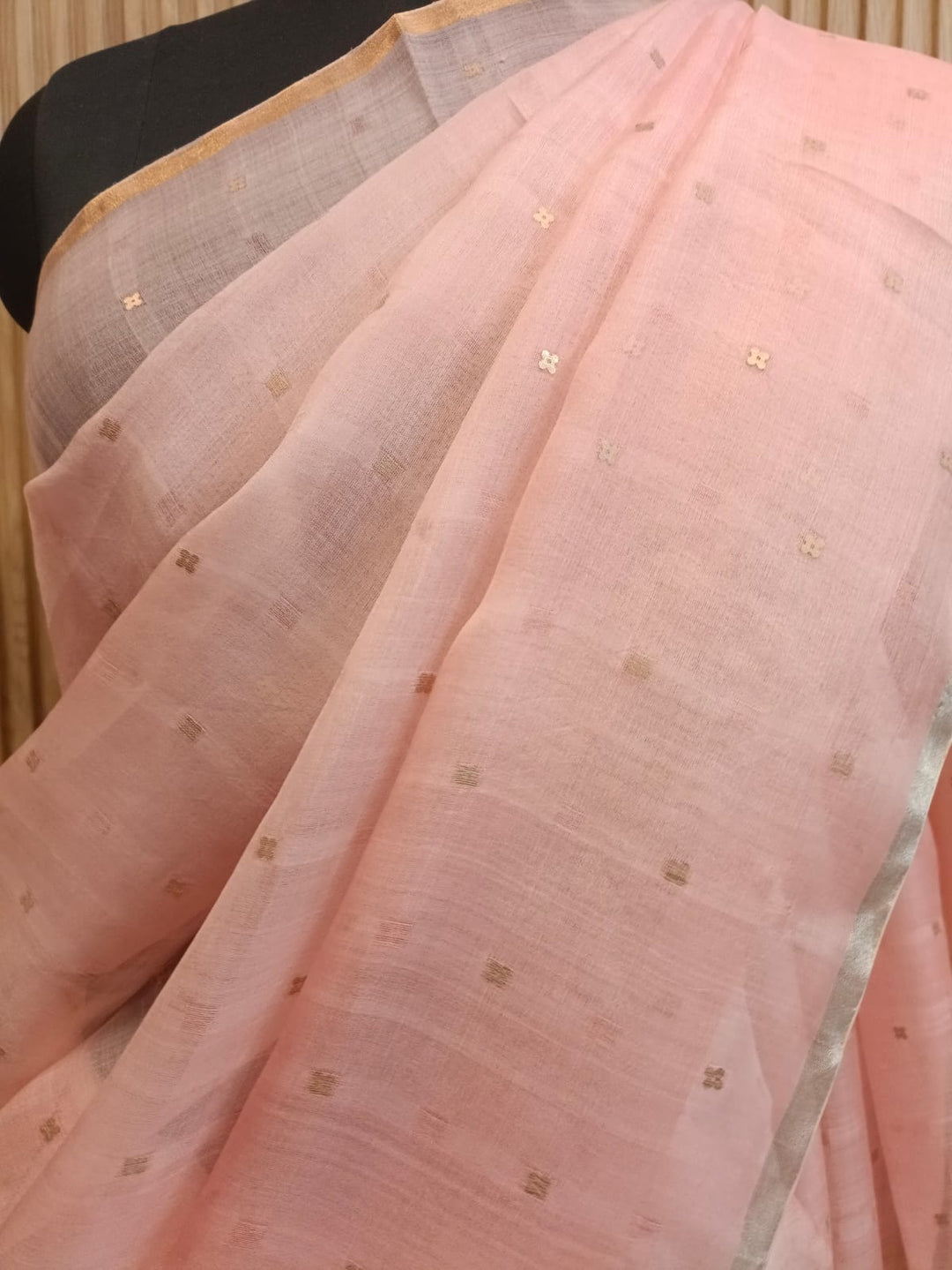 Peach Handloom Muslin Silk Saree with Silver &amp; Golden Zari Ganga Jamuna Border Balaram Saha