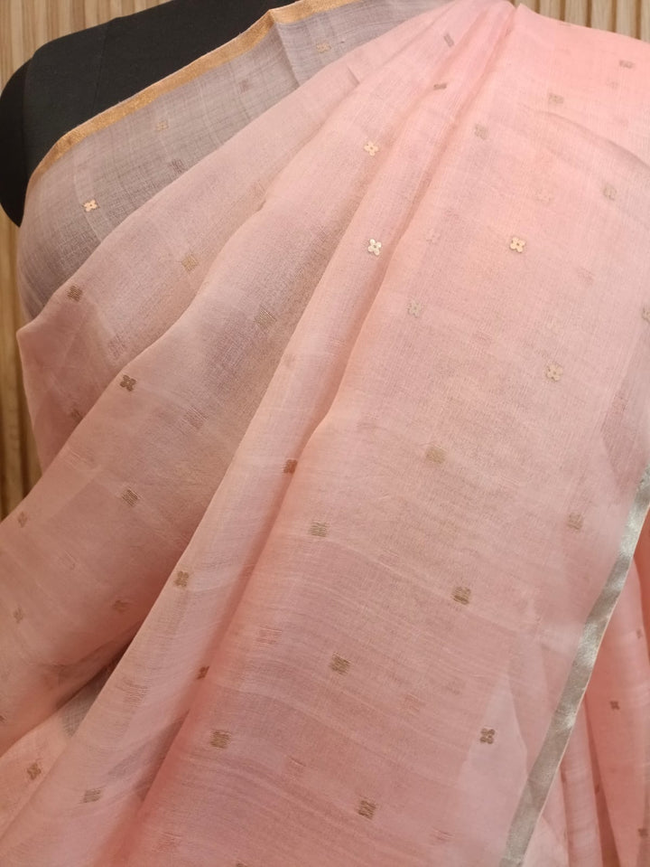 Peach Handloom Muslin Silk Saree with Silver &amp; Golden Zari Ganga Jamuna Border Balaram Saha