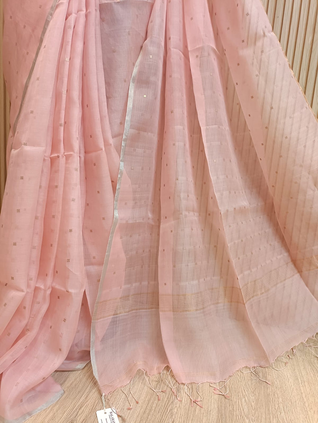 Peach Handloom Muslin Silk Saree with Silver &amp; Golden Zari Ganga Jamuna Border Balaram Saha