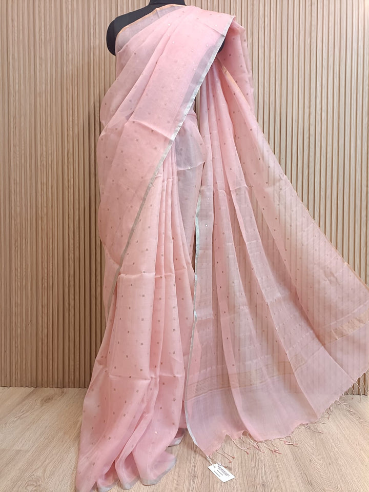 Peach Handloom Muslin Silk Saree with Silver &amp; Golden Zari Ganga Jamuna Border Balaram Saha