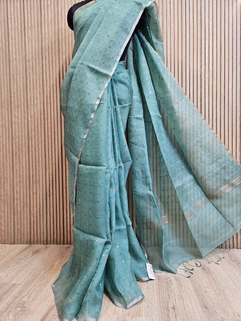 Handloom Muslin Silk Saree with Silver & Golden Zari Ganga Jamuna Border Balaram Saha