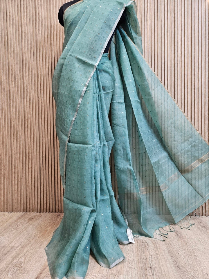 Handloom Muslin Silk Saree with Silver & Golden Zari Ganga Jamuna Border Balaram Saha