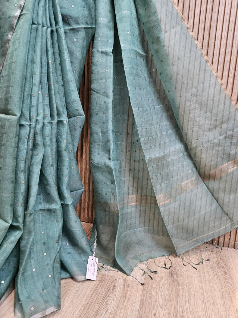 Handloom Muslin Silk Saree with Silver & Golden Zari Ganga Jamuna Border Balaram Saha